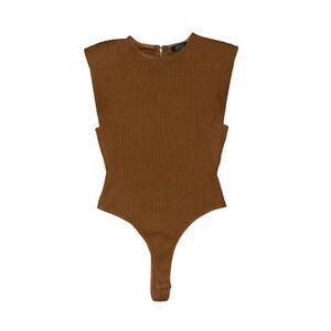 Privy Chestnut Brown Ribbed Thong Bodysuit Shoulder Pads Tank Mushroom Body Suit